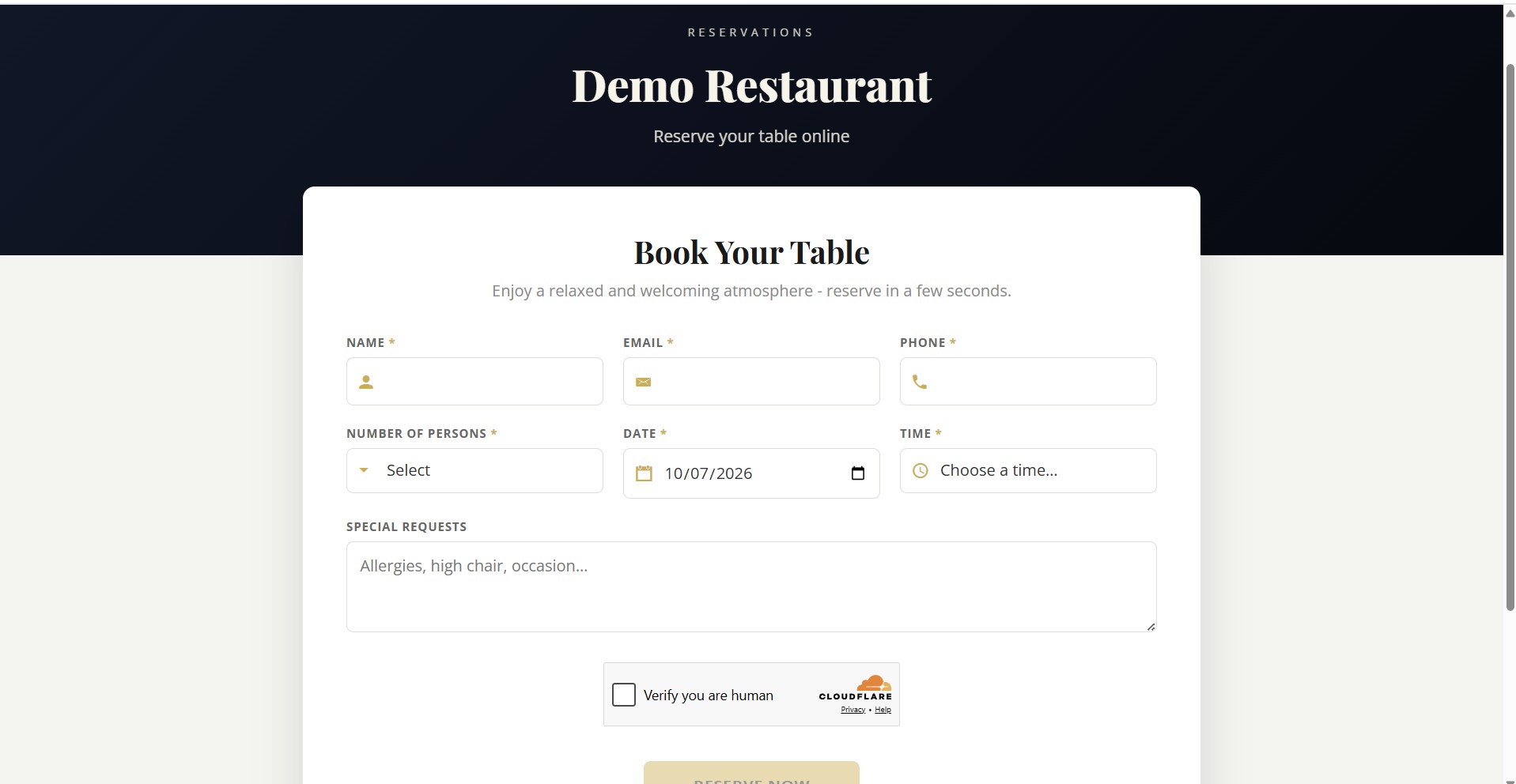 demo booking website screenshot